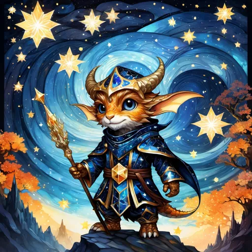 Prompt: an adorable chibi dragonborn wizard, dark starry night, gorgeous eyes, stained glass, fantasy illustration, textured with large visible brush strokes, hypermaximalism, astral patterns, star lit sky, masterpiece, breathtaking intricate details, in the style of Andreas Lie, van Gogh, Hokusai, Luke Gram, Albert Robida, Victo Ngai