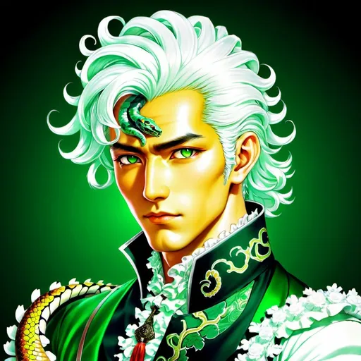 Prompt: Manga-style portrait of a man with white hair, detailed snake on shoulder, rococo attire, Adam Manyoki inspired, green background with black spots, high-detail illustration, misc-manga, professional, detailed eyes, manga, rococo, white hair, snake, intricate design, green background, professional lighting