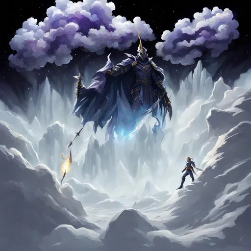 Prompt: sci-fi armoured ninja god son of ares yellow electric aura wielding purple greek fire katana standing on mountain about to attack with dark flame dragon celestial cloud background