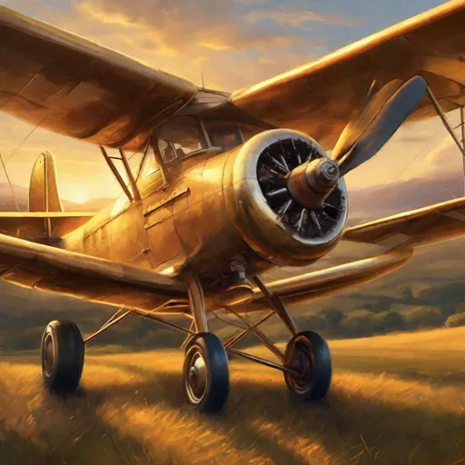 Prompt: High-quality digital illustration of a vintage propeller plane in a scenic sunset, realistic oil painting style, warm golden tones, detailed cockpit with vintage controls, serene countryside landscape below, nostalgic atmosphere, dramatic lighting, ultra-detailed, oil painting, vintage plane, scenic sunset, golden tones, cockpit details, countryside landscape, nostalgic atmosphere, dramatic lighting
