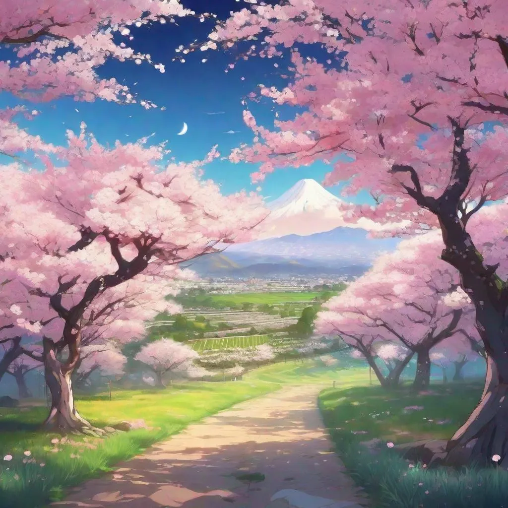 Prompt: Beautiful anime landscape with a cherry blossom orchard in full bloom