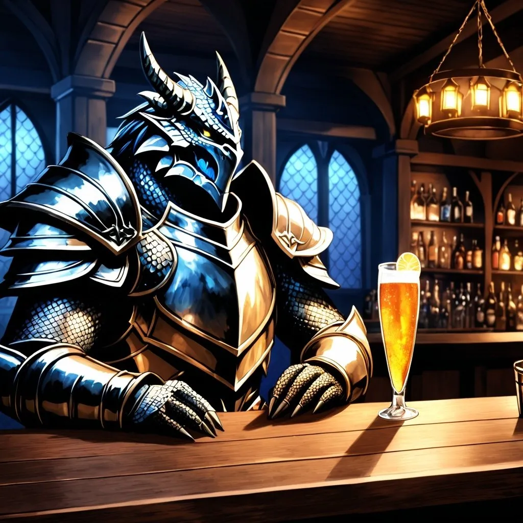 Prompt: Anime illustration of a Dragonborn Paladin heavily drinking in a bar, fantasy setting, detailed armor and scales, intense expression, mystical aura, dramatic lighting, best quality, highres, anime, fantasy, detailed character design.