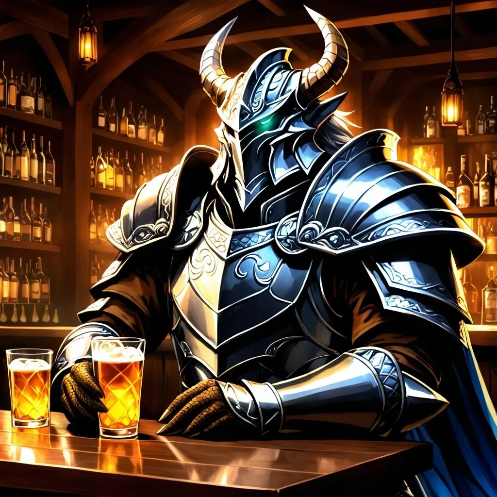 Prompt: Anime illustration of a Dragonborn Paladin heavily drinking in a bar, fantasy setting, detailed armor and scales, intense expression, mystical aura, dramatic lighting, best quality, highres, anime, fantasy, detailed character design.