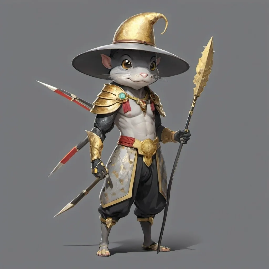 Prompt: a character in a costume holding a spear and a hat on a gray background with a gold spot in the middle, Ai-Mitsu, mingei, lostfish, concept art