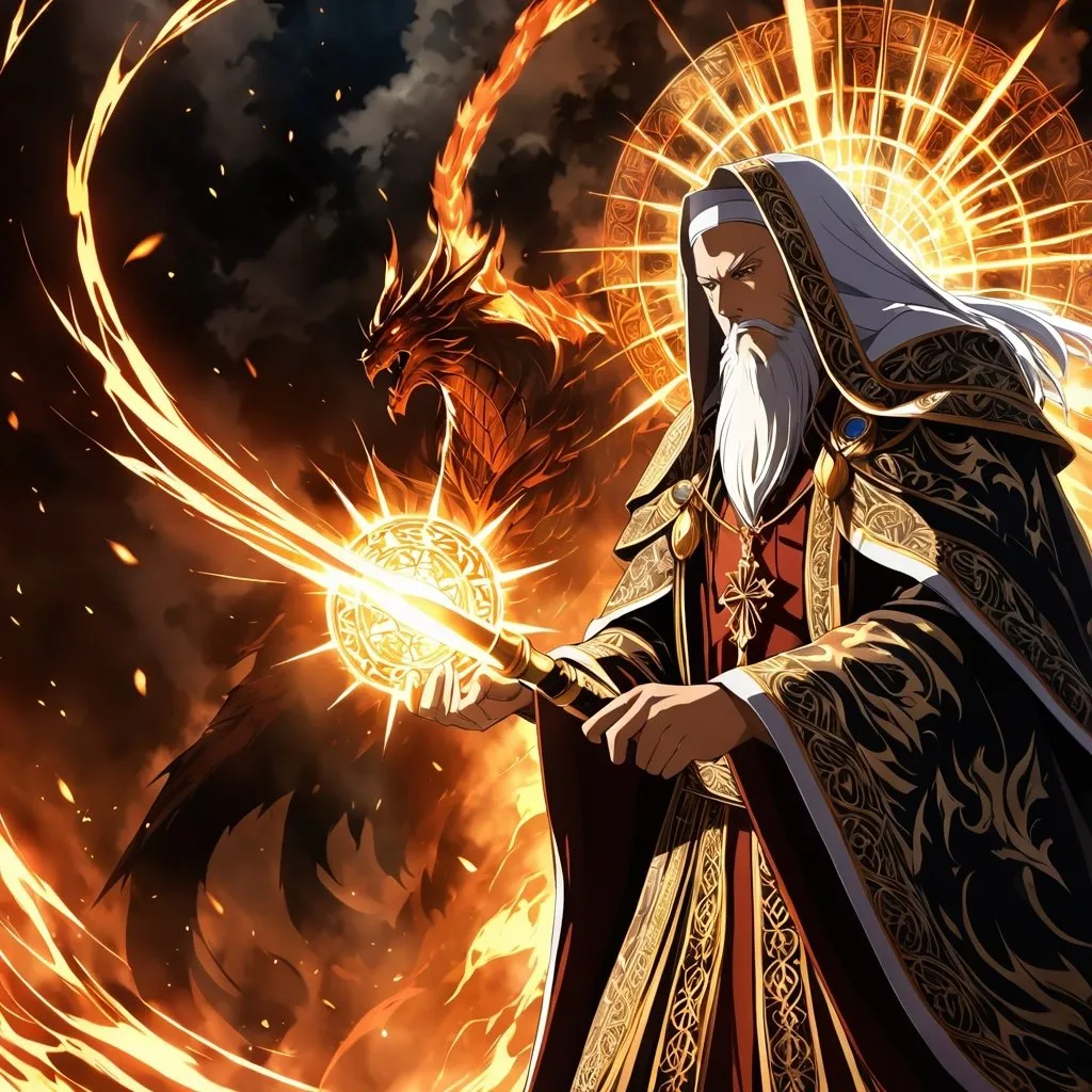 Prompt: Anime artwork of a wise and holy priest cleric, battling demons from hell, intense and focused gaze, detailed robes with intricate patterns, radiant holy aura, dramatic lighting, highres, ultra-detailed, anime, fantasy, intense battle, holy, detailed robes, dramatic lighting, radiant aura, demons, intense gaze