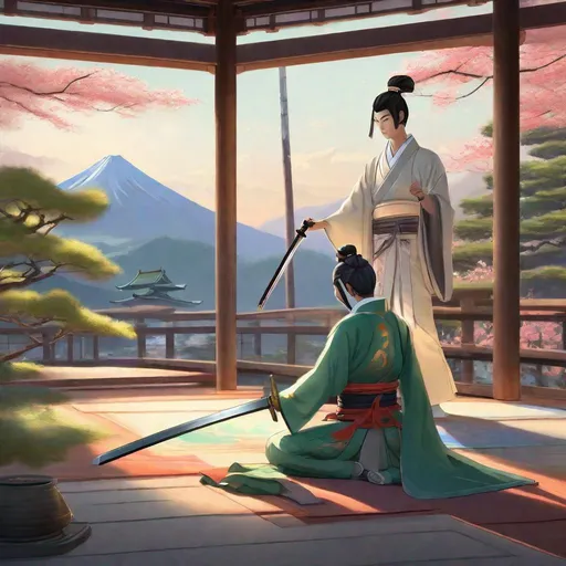 Prompt: Zenayata teaching Genji to use a sword, digital illustration, serene and peaceful ambiance, detailed robotic features, tranquil mountain backdrop, traditional Japanese architecture, spiritual guidance, high quality, digital illustration, serene ambiance, detailed robotic features, traditional architecture, tranquil mountain backdrop, spiritual guidance