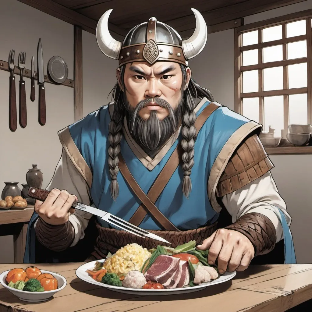 Prompt: a manga drawing of a man dressed as a viking holding a plate of food and a knife and fork in his hand, Ding Guanpeng, superflat, official art, a character portrait
