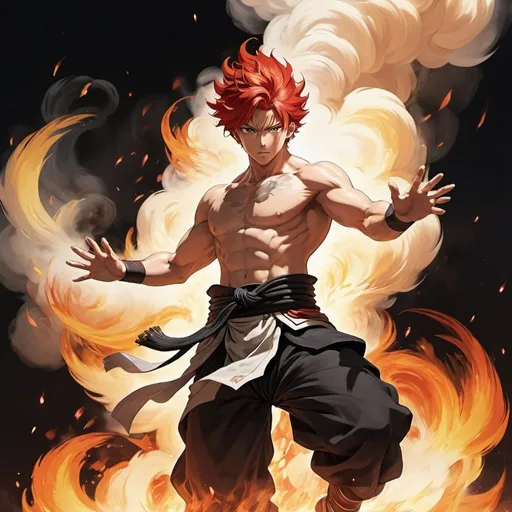 Prompt: a man with a red hair and a white body is standing in a cloud of smoke and fire with his arms outstretched, Baiōken Eishun, auto-destructive art, official art, concept art