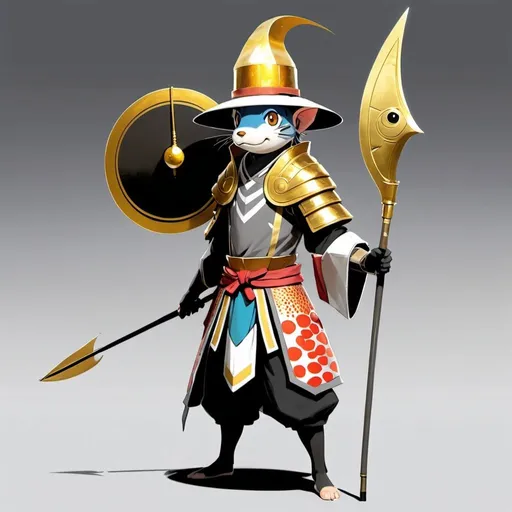 Prompt: a character in a costume holding a spear and a hat on a gray background with a gold spot in the middle, Ai-Mitsu, mingei, lostfish, concept art