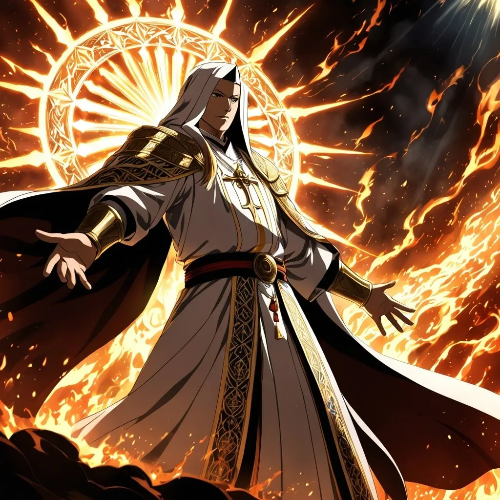 Prompt: Anime artwork of a wise and holy priest cleric, battling demons from hell, intense and focused gaze, detailed robes with intricate patterns, radiant holy aura, dramatic lighting, highres, ultra-detailed, anime, fantasy, intense battle, holy, detailed robes, dramatic lighting, radiant aura, demons, intense gaze