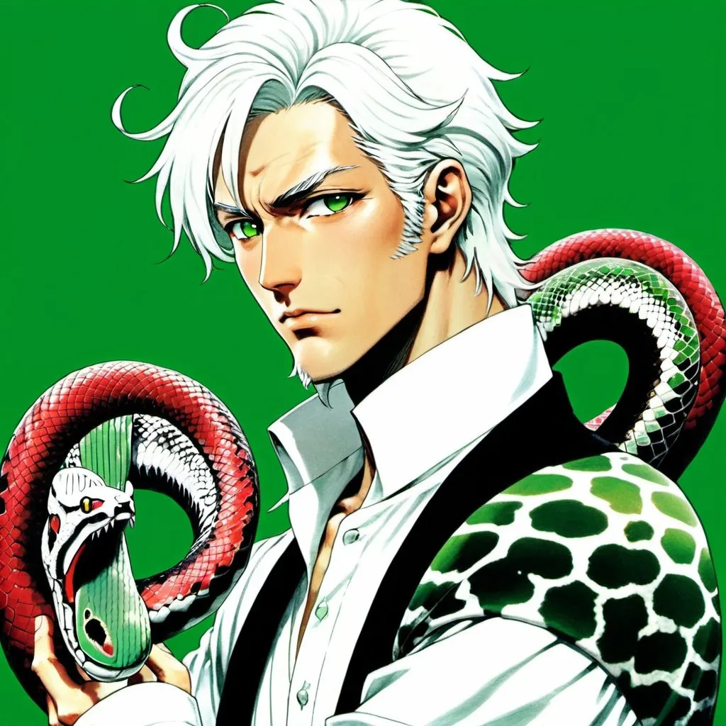 Prompt: a man with white hair and a white shirt with a snake on his shoulder and a green background with black spots, Adam Manyoki, rococo, yusuke murata, a manga character portrait