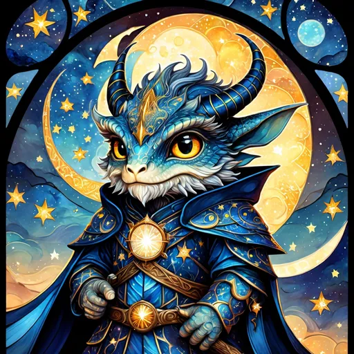 Prompt: an adorable chibi dragonborn wizard, dark starry night, gorgeous eyes, stained glass, fantasy illustration, textured with large visible brush strokes, detailed scales, hypermaximalism, astral patterns, star lit sky, masterpiece, breathtaking intricate details, in the style of Andreas Lie, van Gogh, Hokusai, Luke Gram, Albert Robida, Victo Ngai