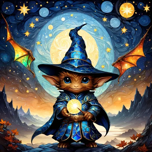 Prompt: an adorable chibi dragonborn wizard, dark starry night, gorgeous eyes, stained glass, fantasy illustration, textured with large visible brush strokes, detailed scales, hypermaximalism, astral patterns, star lit sky, masterpiece, breathtaking intricate details, in the style of Andreas Lie, van Gogh, Hokusai, Luke Gram, Albert Robida, Victo Ngai