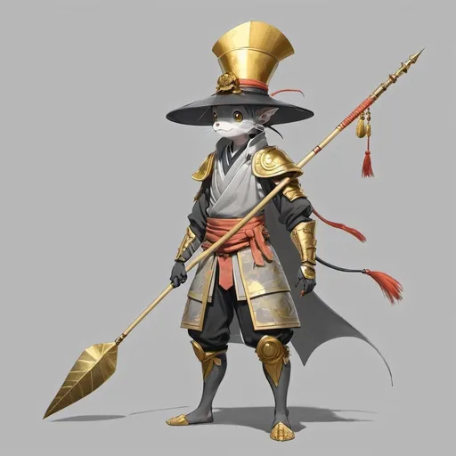 Prompt: a character in a costume holding a spear and a hat on a gray background with a gold spot in the middle, Ai-Mitsu, mingei, lostfish, concept art