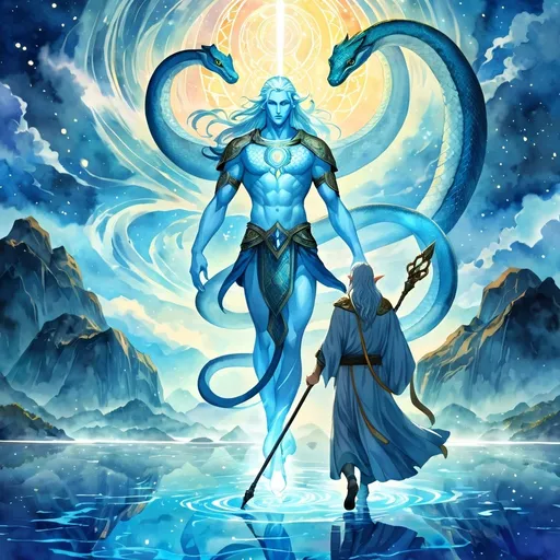 Prompt: Anime illustration of an old elf cleric holding the staff of python, walking on glowing blue lake, surrounded by the god of all pythons, highres, fantasy, detailed facial features, watercolor painting, ethereal glow, mythical creatures, ancient aura, serene atmosphere, vibrant colors, majestic lighting