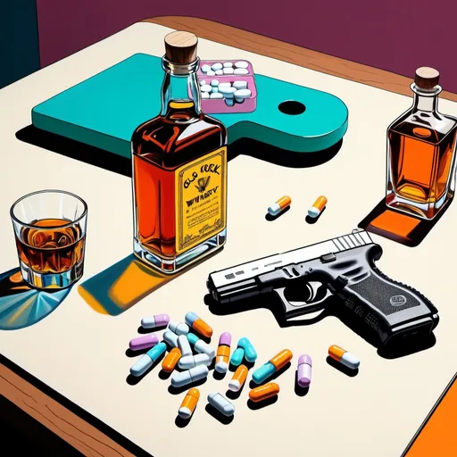 Prompt: fine line drawing, table with a glock pistol on it, a bottle of whiskey, and pills, vivid pastel color scheme