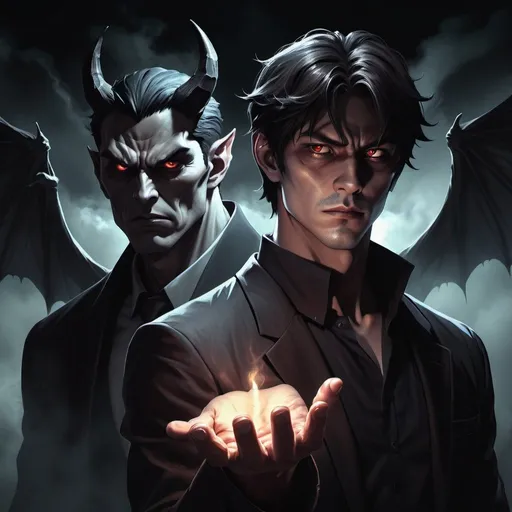 Prompt: Sleek digital illustration of a calm man and a menacing demon, rich in dark tones, haunting supernatural setting, demonic presence looming in the background, detailed facial features with intense expressions, high-quality rendering, misc-manga, official art, sots art, character portrait, haunting atmosphere, folded hands, dark and eerie color tones, professional, atmospheric lighting