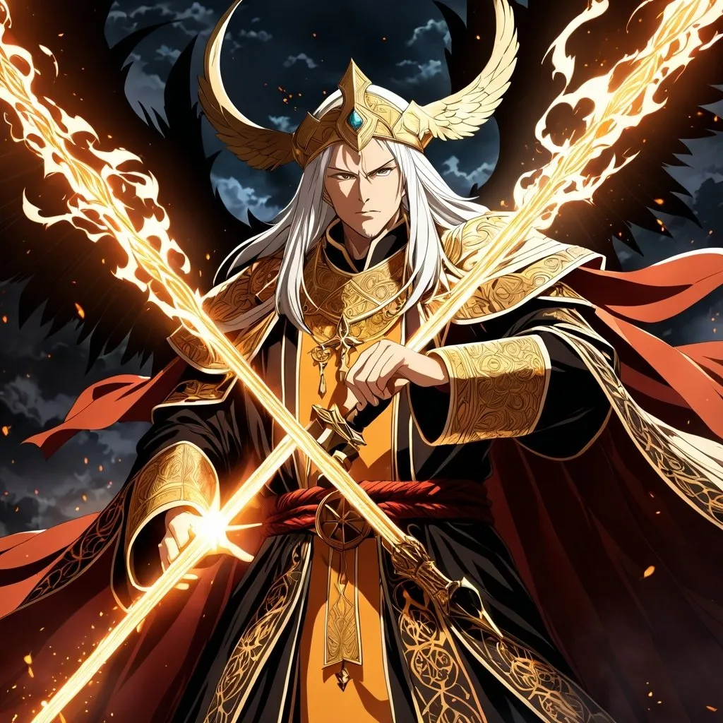 Prompt: Anime artwork of a wise and holy priest cleric, battling demons from hell, intense and focused gaze, detailed robes with intricate patterns, radiant holy aura, dramatic lighting, highres, ultra-detailed, anime, fantasy, intense battle, holy, detailed robes, dramatic lighting, radiant aura, demons, intense gaze