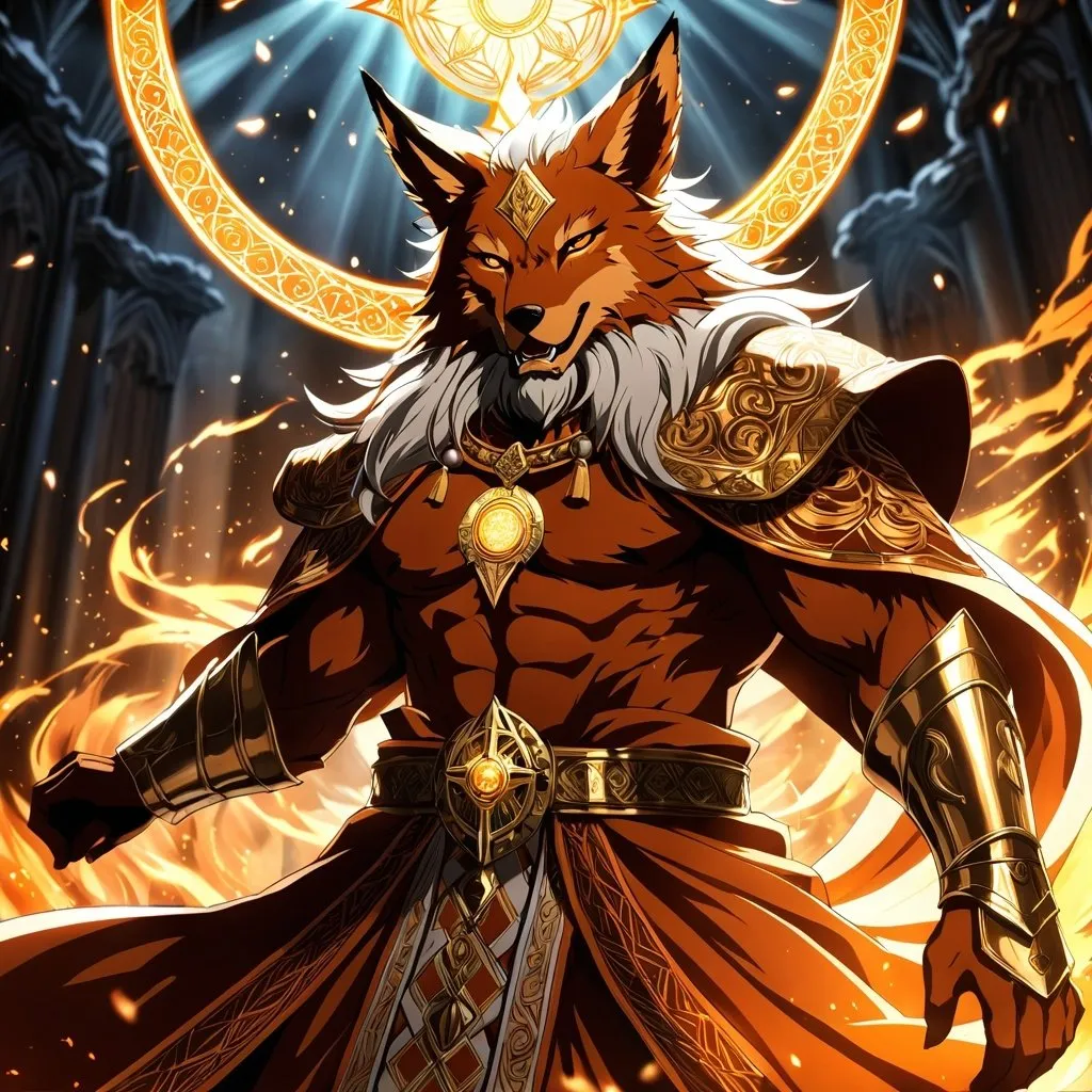 Prompt: Anime artwork of a wise and holy fenic fox beast-man priest cleric, battling demons from hell, intense and focused gaze, detailed robes with intricate patterns, radiant holy aura, dramatic lighting, highres, ultra-detailed, anime, fantasy, intense battle, holy, detailed robes, dramatic lighting, radiant aura, demons, intense gaze