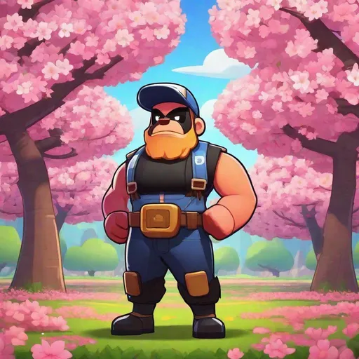 Prompt: a brawl stars brawler standing in a cherry blossom orchard in full bloom