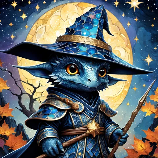 Prompt: an adorable chibi dragonborn wizard, dark starry night, gorgeous eyes, stained glass, fantasy illustration, textured with large visible brush strokes, detailed scales, hypermaximalism, astral patterns, star lit sky, masterpiece, breathtaking intricate details, in the style of Andreas Lie, van Gogh, Hokusai, Luke Gram, Albert Robida, Victo Ngai