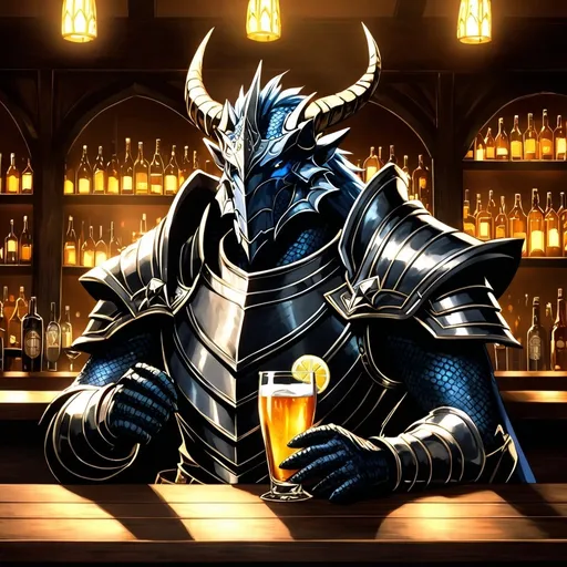 Prompt: Anime illustration of a Dragonborn Paladin heavily drinking in a bar, fantasy setting,  black scales, intense expression, mystical aura, dramatic lighting, best quality, highres, anime, fantasy, detailed character design.