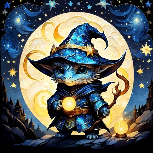 Prompt: an adorable chibi dragonborn wizard, dark starry night, gorgeous eyes, stained glass, fantasy illustration, textured with large visible brush strokes, detailed scales, hypermaximalism, astral patterns, star lit sky, masterpiece, breathtaking intricate details, in the style of Andreas Lie, van Gogh, Hokusai, Luke Gram, Albert Robida, Victo Ngai
