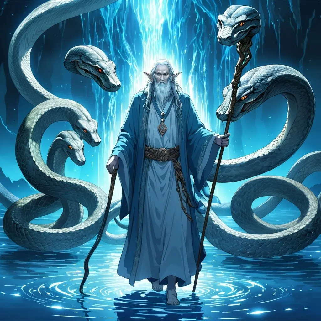 Prompt: Anime illustration of an old elf cleric holding the staff of python, surrounded by the god of all pythons, walking on a glowing blue lake, ethereal glow, detailed facial features, magical anime, highres, ultra-detailed, anime, fantasy, glowing blue, godly presence, mystical, detailed character design, professional, atmospheric lighting