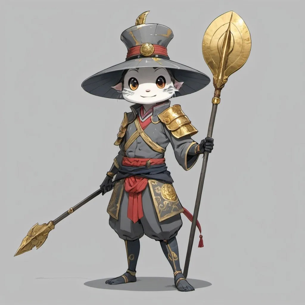 Prompt: a character in a costume holding a spear and a hat on a gray background with a gold spot in the middle, Ai-Mitsu, mingei, lostfish, concept art