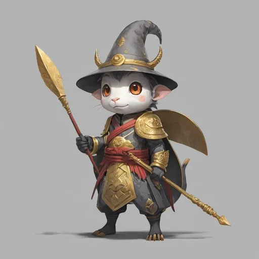 Prompt: a character in a costume holding a spear and a hat on a gray background with a gold spot in the middle, Ai-Mitsu, mingei, lostfish, concept art