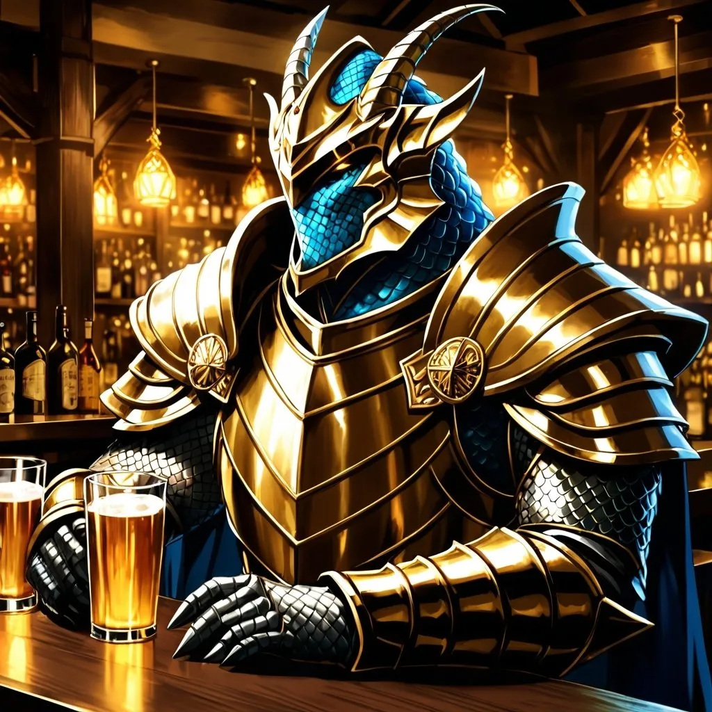 Prompt: Anime illustration of a Dragonborn Paladin heavily drinking in a bar, fantasy setting,  gold scales hide armour, intense expression, mystical aura, dramatic lighting, best quality, highres, anime, fantasy, detailed character design.