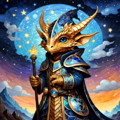 Prompt: an adorable chibi dragonborn wizard, dark starry night, gorgeous eyes, stained glass, fantasy illustration, textured with large visible brush strokes, detailed scales, hypermaximalism, astral patterns, star lit sky, masterpiece, breathtaking intricate details, in the style of Andreas Lie, van Gogh, Hokusai, Luke Gram, Albert Robida, Victo Ngai