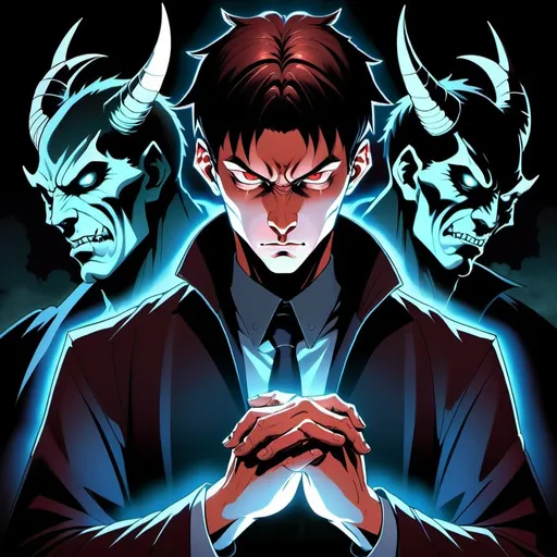 Prompt: Sleek digital illustration of a calm man and a menacing demon, rich in dark tones, haunting supernatural setting, demonic presence looming in the background, detailed facial features with intense expressions, high-quality rendering, misc-manga, official art, sots art, character portrait, haunting atmosphere, folded hands, dark and eerie color tones, professional, atmospheric lighting