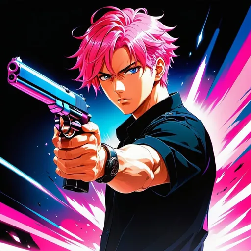 Prompt: Man with pink hair, holding a gun, black shirt, manga drawing, pink and blue background, Baiōken Eishun, rayonism, ufotable, detailed illustration, vibrant colors, professional, highres, manga, rayonism, pink hair, intense gaze, dramatic lighting