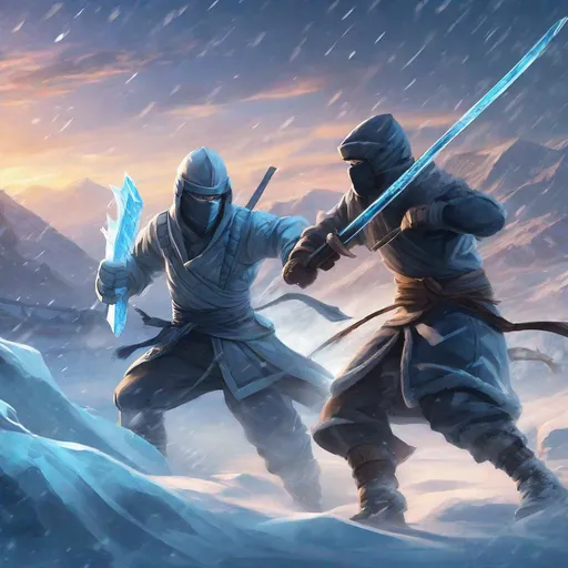 Prompt: Ice ninja fighting, digital painting, dynamic action, high quality, detailed, anime, cool tones, intense lighting, icy surroundings, icy weapons, fierce combat, frozen atmosphere