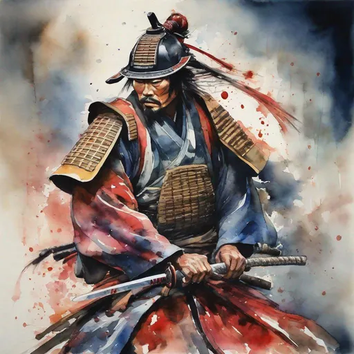 Prompt: Watercolor print of a samurai warrior, traditional Japanese art, intricate brushwork, flowing robes, intense and focused gaze, dynamic pose, high quality, watercolor, traditional, detailed armor, dramatic, vibrant colors, atmospheric lighting