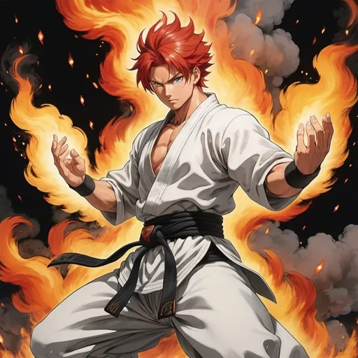 Prompt: a man with a red hair and a white body is standing in a cloud of smoke and fire with his arms outstretched, Baiōken Eishun, auto-destructive art, official art, manga concept art