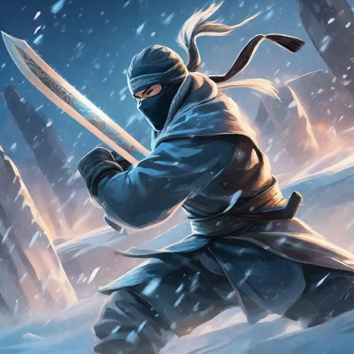 Prompt: Ice ninja fighting, digital painting, dynamic action, high quality, detailed, anime, cool tones, intense lighting, icy surroundings, icy weapons, fierce combat, frozen atmosphere