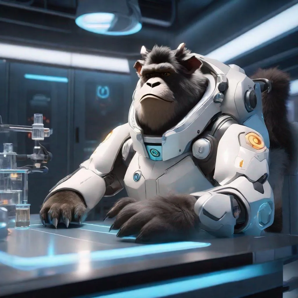 Prompt: Winston from Overwatch in a high-tech science lab, detailed fur with realistic textures, intense and focused gaze, futuristic laboratory equipment, cool-toned digital rendering, high resolution, ultra-detailed, real-time 3D rendering, sci-fi, laboratory setting, detailed eyes, professional, atmospheric lighting, advanced technology