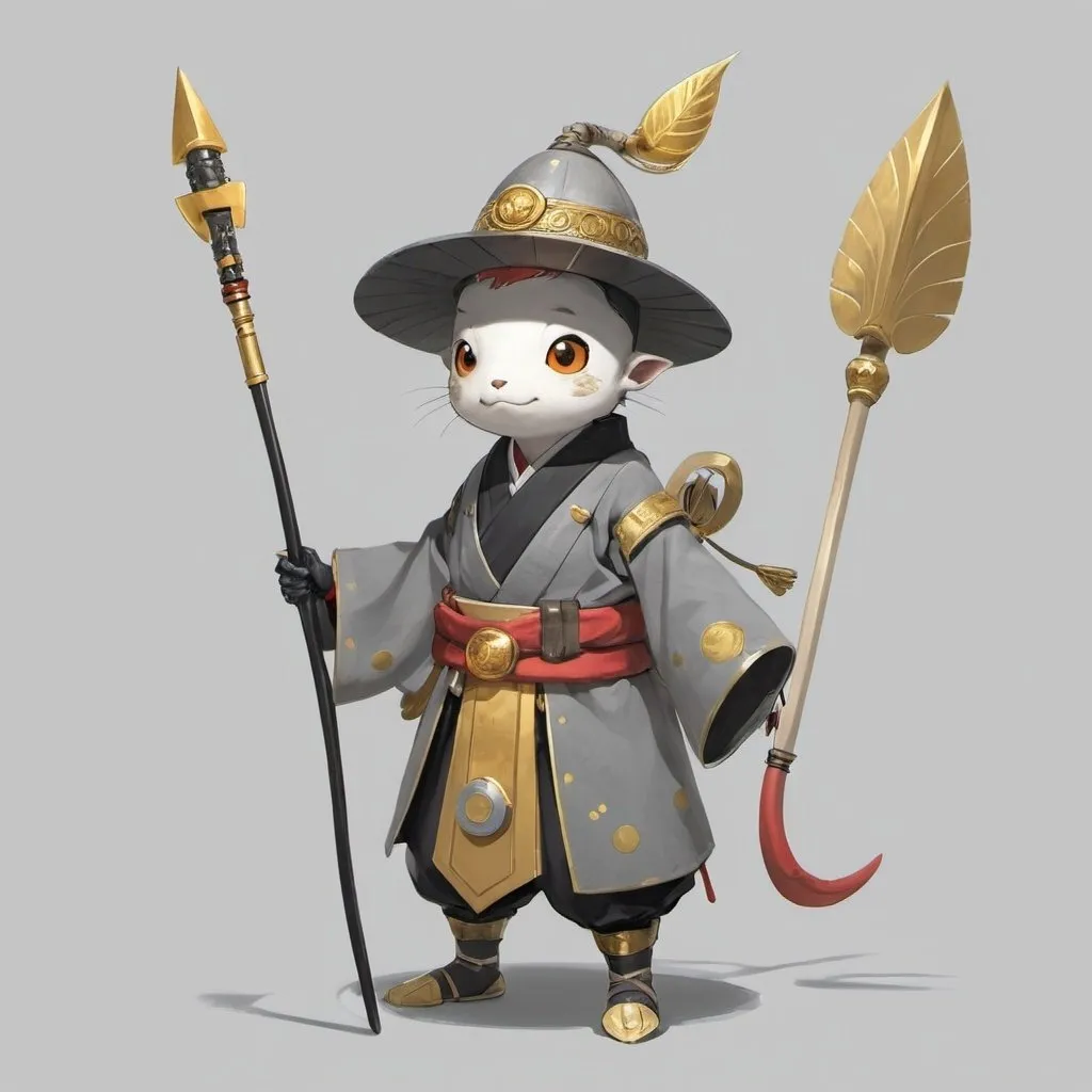 Prompt: a character in a costume holding a spear and a hat on a gray background with a gold spot in the middle, Ai-Mitsu, mingei, lostfish, concept art