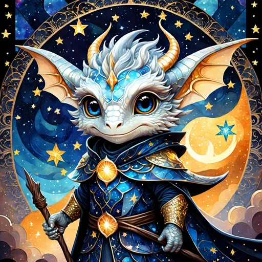 Prompt: an adorable chibi dragonborn wizard, dark starry night, gorgeous eyes, stained glass, fantasy illustration, textured with large visible brush strokes, detailed scales, hypermaximalism, astral patterns, star lit sky, masterpiece, breathtaking intricate details, in the style of Andreas Lie, van Gogh, Hokusai, Luke Gram, Albert Robida, Victo Ngai