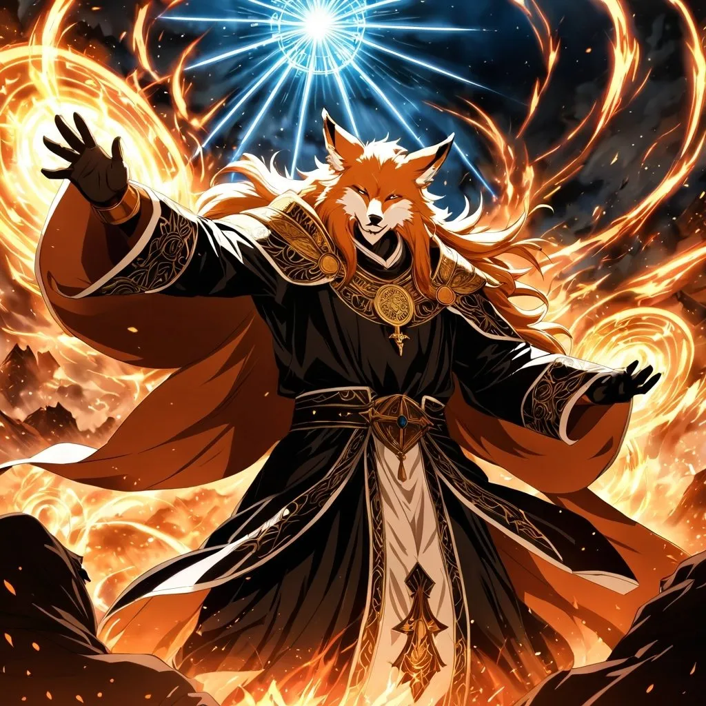 Prompt: Anime artwork of a wise and holy fenic fox beast-man priest cleric, battling demons from hell, intense and focused gaze, detailed robes with intricate patterns, radiant holy aura, dramatic lighting, highres, ultra-detailed, anime, fantasy, intense battle, holy, detailed robes, dramatic lighting, radiant aura, demons, intense gaze