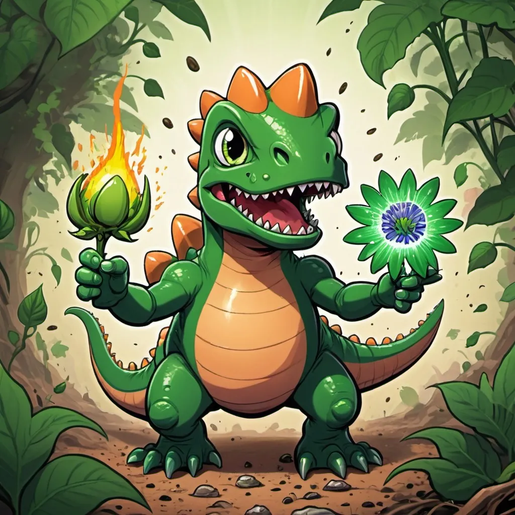 Prompt: frogo-dino-thing with a green flower bulb on back shooting out leech seeds that grasp and grow into vine explosions, in card art style
