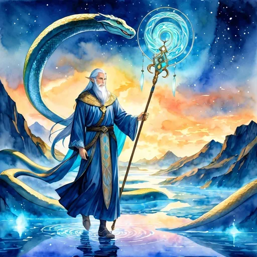 Prompt: Anime illustration of an old elf cleric holding the staff of python, walking on glowing blue lake, surrounded by the god of all pythons, highres, fantasy, detailed facial features, watercolor painting, ethereal glow, mythical creatures, ancient aura, serene atmosphere, vibrant colors, majestic lighting