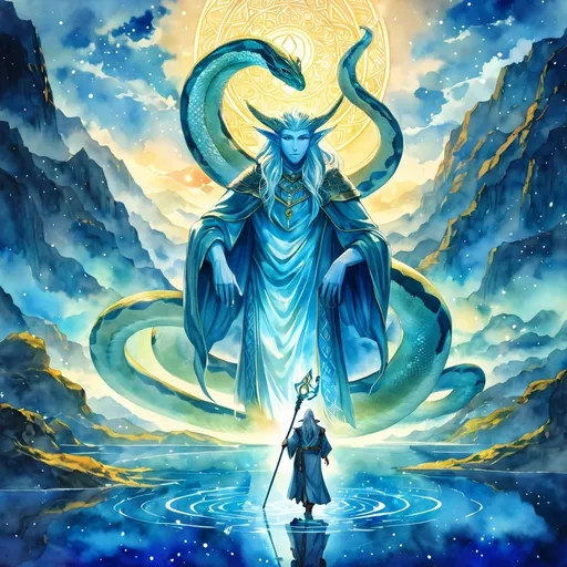 Prompt: Anime illustration of an old elf cleric holding the staff of python, walking on glowing blue lake, surrounded by the god of all pythons, highres, fantasy, detailed facial features, watercolor painting, ethereal glow, mythical creatures, ancient aura, serene atmosphere, vibrant colors, majestic lighting