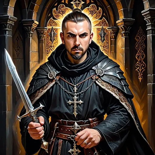 Prompt: Assassin priest cleric holding holy daggers, oil painting, intense expression, intricate details, medieval fantasy, high contrast, dramatic lighting, dark tones, professional quality, oil painting, intense, medieval fantasy, dramatic lighting, dark tones, holy daggers, assassin priest cleric, professional quality, intricate details, high contrast