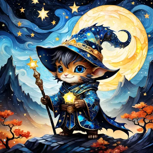 Prompt: an adorable chibi dragonborn wizard, dark starry night, gorgeous eyes, stained glass, fantasy illustration, textured with large visible brush strokes, hypermaximalism, astral patterns, star lit sky, masterpiece, breathtaking intricate details, in the style of Andreas Lie, van Gogh, Hokusai, Luke Gram, Albert Robida, Victo Ngai