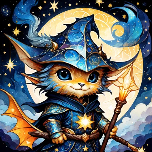 Prompt: an adorable chibi dragonborn wizard, dark starry night, gorgeous eyes, stained glass, fantasy illustration, textured with large visible brush strokes, hypermaximalism, astral patterns, star lit sky, masterpiece, breathtaking intricate details, in the style of Andreas Lie, van Gogh, Hokusai, Luke Gram, Albert Robida, Victo Ngai