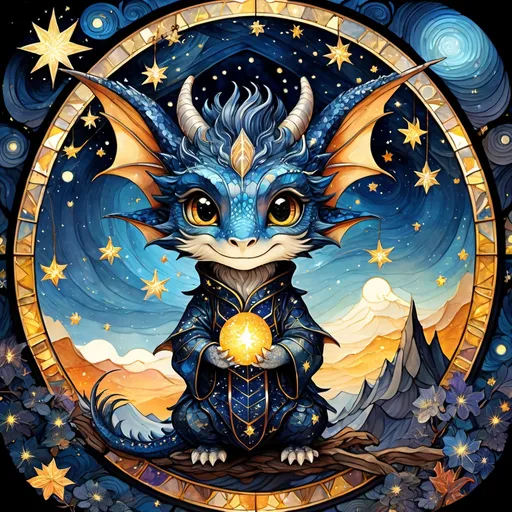 Prompt: an adorable chibi dragon wizard, dark starry night, gorgeous eyes, stained glass, fantasy illustration, textured with large visible brush strokes, hypermaximalism, astral patterns, star lit sky, masterpiece, breathtaking intricate details, in the style of Andreas Lie, van Gogh, Hokusai, Luke Gram, Albert Robida, Victo Ngai