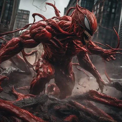 Prompt: Carnage, Highly Detailed, Hyperrealistic, sharp focus, Professional, UHD, HDR, 16K, Render, Album cover, electronic, dramatic, vivid, pressure, stress, nervous vibe, loud, tension, traumatic, dark, cataclysmic, violent, outdoor, fighting, Epic, demonic, antagonist, 